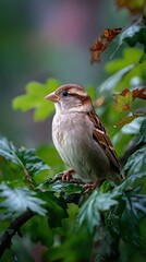 A close-up view of a sparrow perched gracefully on a branch, amidst lush greenery.