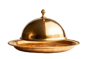 Elegant gold butter dish with domed lid isolated on transparent background. Golden serving cloche raised above empty golden plate isolated on white background.
