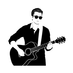 Obraz premium Black and white line art of a cool man playing guitar in casual outfit minimalist stylish illustration