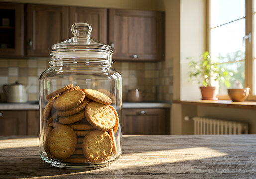 Cracker Biscuits in Transparent Glass Jar with Rustic Kitchen Setting in Warm Sunlight