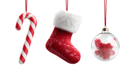 Festive Ornament Trio with Candy Canes, Stockings, and Decorative Baubles isolated on transparent background