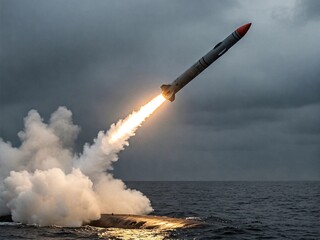A powerful missile launches from a submarine at sea with a fiery exhaust, symbolizing military strength, defense, technology, and strategic deterrence.