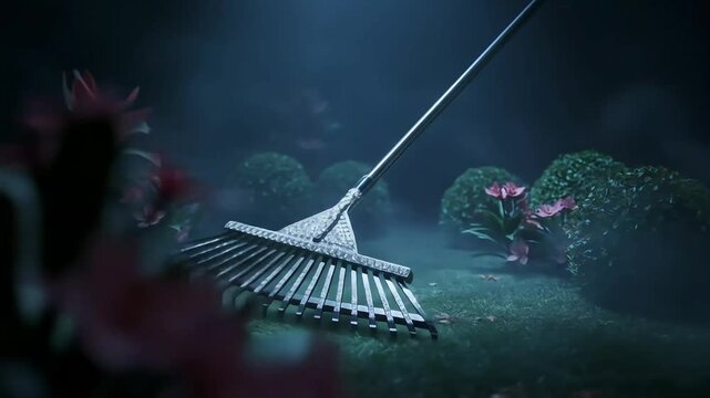 Garden rake in a dark garden