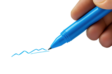 Hand holding a blue pen drawing a wavy line isolated on transparent background. Hand drawing a graph using a blue marker isolated on white background.