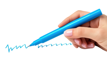Hand holding a blue pen drawing a wavy line isolated on transparent background. Hand drawing a graph using a blue marker isolated on white background.