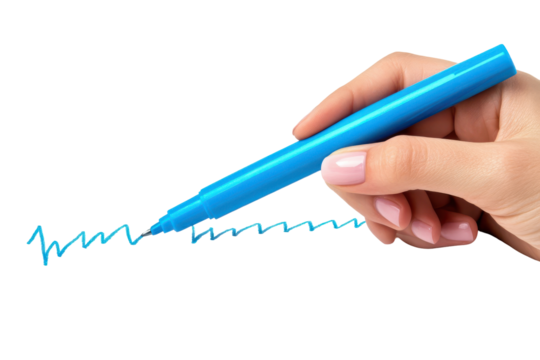 Hand holding a blue pen drawing a wavy line isolated on transparent background. Hand drawing a graph using a blue marker isolated on white background.