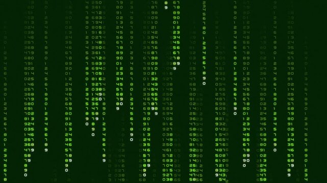 Abstract animation featuring a continuous stream of glowing numbers and code flowing down a screen, reminiscent of a computer program, hacking interface, or data analysis