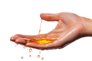 Liquid pouring into a cupped hand isolated on transparent background. Hand holding a bottle of liquid that is dripping out. The liquid is oil.
