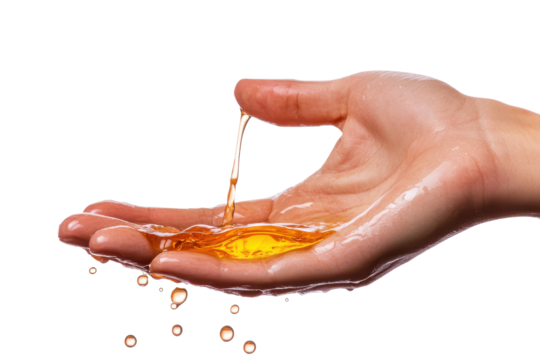 Liquid pouring into a cupped hand isolated on transparent background. Hand holding a bottle of liquid that is dripping out. The liquid is oil.