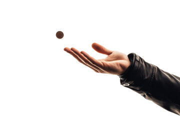 Hand tossing a silver coin isolated on transparent background. Hand throwing up a coin isolated on white background.