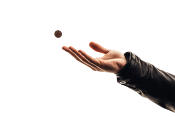 Hand tossing a silver coin isolated on transparent background. Hand throwing up a coin isolated on white background.