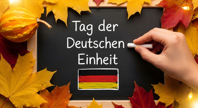 A hand writing on a chalkboard with a German flag and colorful autumn leaves, surrounded by pumpkins and string lights, conveying a festive and educational mood.