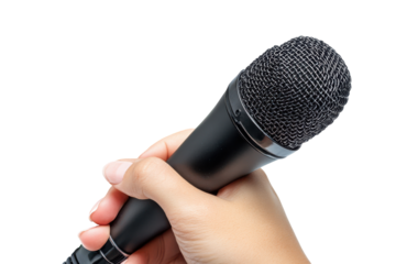 Hand holding microphone isolated on transparent background. Hand with microphone isolated on white background.