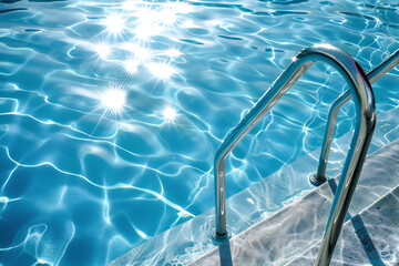 Sparkling Blue Swimming Pool Water with Sunlight Reflections and Metal Handrail