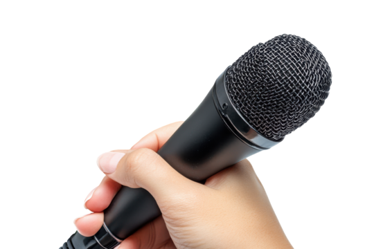 Hand holding microphone isolated on transparent background. Hand with microphone isolated on white background.