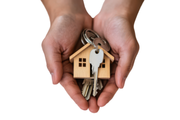 Hands holding a wooden house key charm isolated on transparent background. Hands sharing house keys isolated on white background.