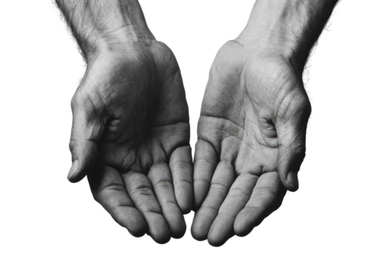 Elderly hands reaching out isolated on transparent background.