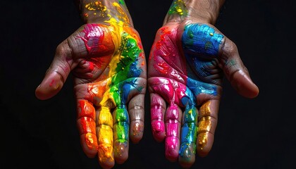 Colorful Paint Covered Human Hands on Black Backdrop in Dramatic Lighting Ultra Detailed Macro Shot High Resolution
