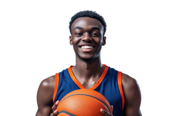 Young black man holding basketball isolated on transparent background. Happy young african basketball player isolated on white background.
