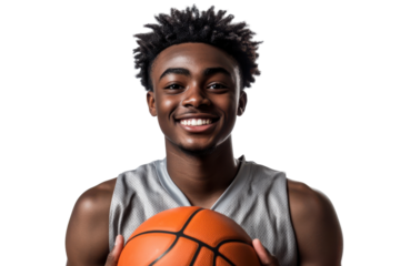 Young black man holding basketball isolated on transparent background. Happy young african basketball player isolated on white background.
