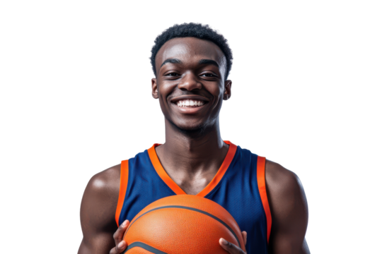 Young black man holding basketball isolated on transparent background. Happy young african basketball player isolated on white background.