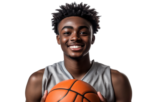 Young black man holding basketball isolated on transparent background. Happy young african basketball player isolated on white background.