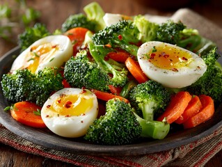 A healthy salad with boiled eggs, fresh broccoli, and sliced carrots is presented on a rustic plate.