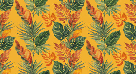 Seamless pattern of tropical foliage on yellow