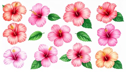 A set of bright pink and red tropical Hibiscus flower watercolor illustrations, complete with leaves, isolated on a white background.