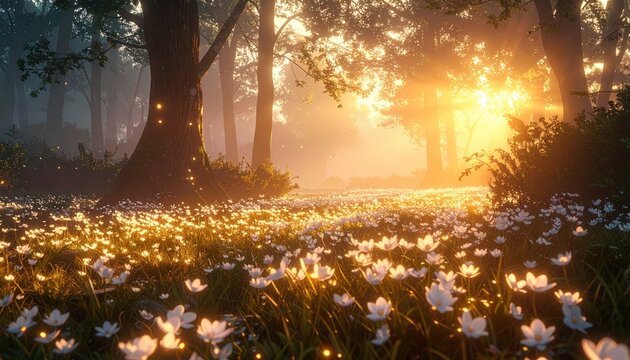Sunlit forest path, glowing flowers