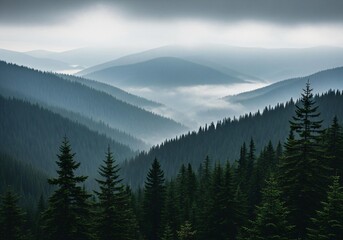 Fototapeta premium Serene mountain landscape with misty forest views