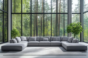 A modern living room with a large sectional sofa, showcasing expansive windows offering a tranquil view of a lush forest.