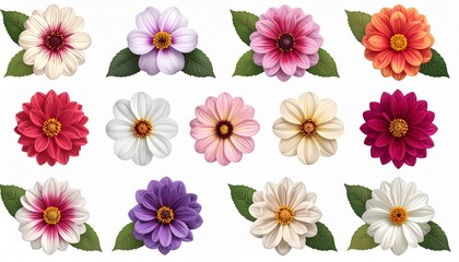 A colorful vector graphics collection of Dahlia or Daisy like flowers, complete with leaves, isolated on a white background, perfect for design.