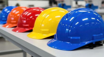 Row of vibrant safety helmets in blue, orange, red, and yellow on a gray surface