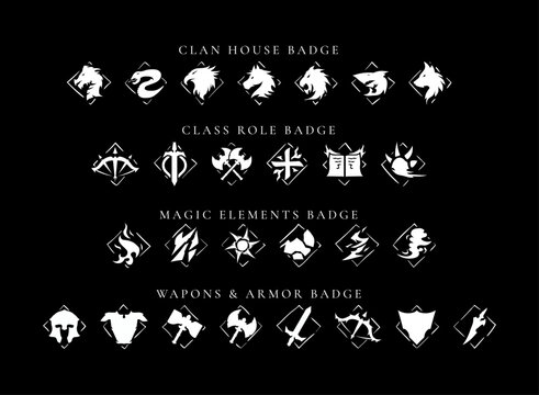 Fantasy RPG Badge Icons Set &ndash; Clan House Crests, Class Role Emblems, Magic Elements Symbols, and Weapons Armor Badges for Medieval Game UI Vector Design