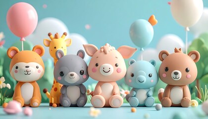 Naklejka premium Adorable pastel colored animal figurines with balloons.