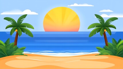 Obraz premium Serene sunset over ocean tropical beach digital illustration calm environment wide angle