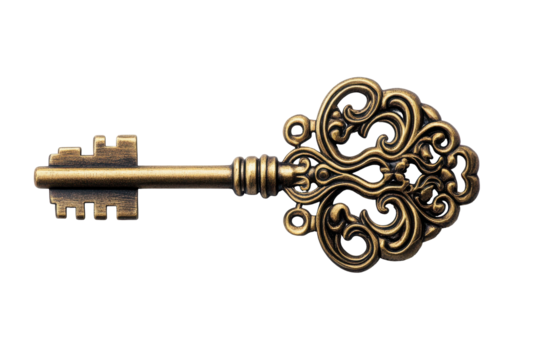Antique ornate brass skeleton key isolated on transparent background. House key isolated on white background. - Powered by Adobe