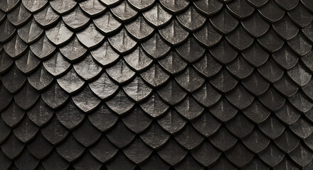 Fototapeta premium An all-over close-up pattern shows a slightly reflective, meticulously crafted surface with numerous dark, stylized scales arranged in an organized fashion, evoking an artistic and textural effect.