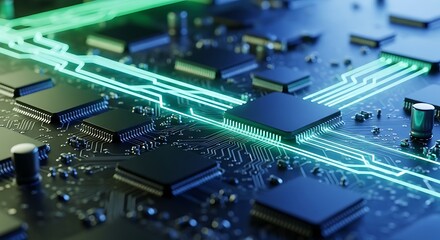 Futuristic circuit board with glowing data pathways connecting a network of microprocessors, symbolizing advanced computing and artificial intelligence