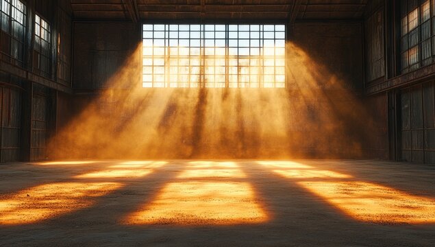 Sunbeams streaming through dusty industrial window into empty warehouse