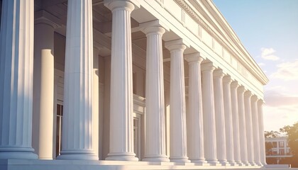 Obraz premium Grand White Marble Colonnade Under Blue Sky Architecture with Classical Design and Sunlight Shining Through Trees in Background