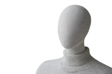 Abstract textured sculpture of a faceless figure isolated on transparent background. Light gray mannequin isolated on white background.