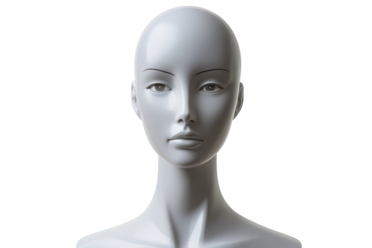 Close up of a white mannequin head isolated on transparent background. Light gray mannequin isolated on white background.