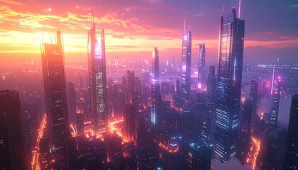 Futuristic city skyline at sunset