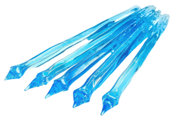 Cluster of blue and white icicles isolated on transparent background. Long blue crystal clear icicles isolated on white background.