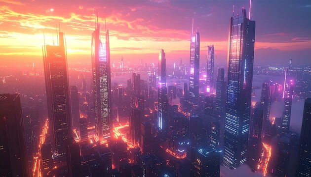 Futuristic city skyline at sunset - Powered by Adobe
