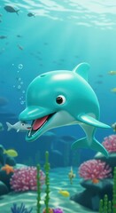 Fototapeta premium A cheerful, cartoon dolphin, a vibrant turquoise color, swims in an underwater scene filled with coral and colorful fish.