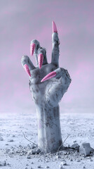 Zombie fingers with stylish pink pointy nails. Minimal holiday concept for Halloween party