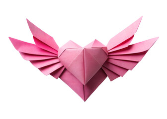 paper origami pink heart with wings png image on transparent background